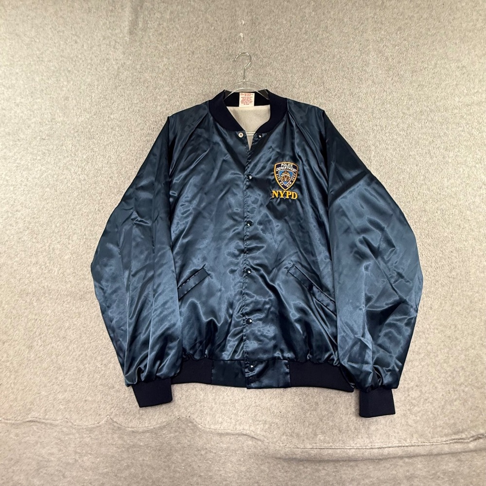 New York NYPD Bomber Jacket Mens XXL Navy Blue 80s Vintage Satin Police USA Made